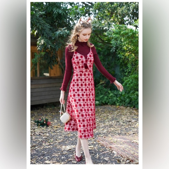 White & Red Checkered Heart Pattern Pom-Pom Front Tie Wool Blend Midi Dress M/L - Picture 3 of 13